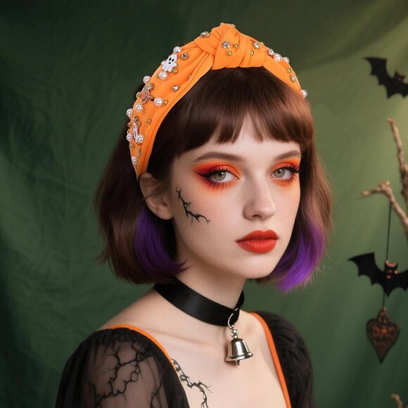 Halloween Headbands 2 Pack Wide Knot Ghost Pumpkin Skull Rhinestone Pearl